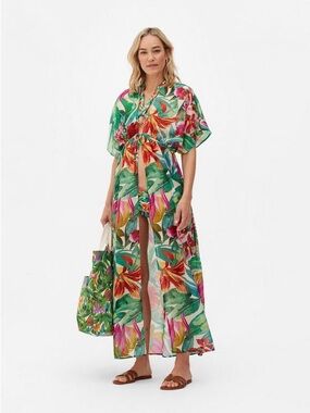 Primark Sz M Floral Print Maxi Tie-Front Kimono Semi-Sheer Beach Cover-Up